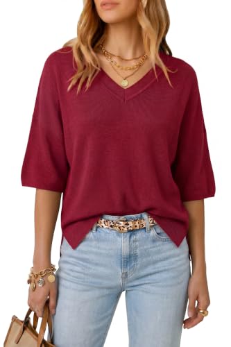 Image of Arach&Cloz Women's Wool Blend Elbow Sleeve Summer Oversized Casual Sweater | Versatile, Fall Layering Soft, Anti-pilling