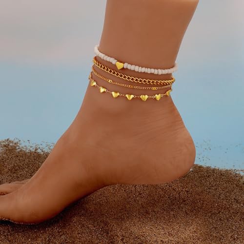 Fesciory Women Heart Anklet Adjustable Beach Layered Ankle Bracelets for Women Gold Plated Alloy Foot Chain Jewelry (Heart 4PCS) - Thumbnail 5