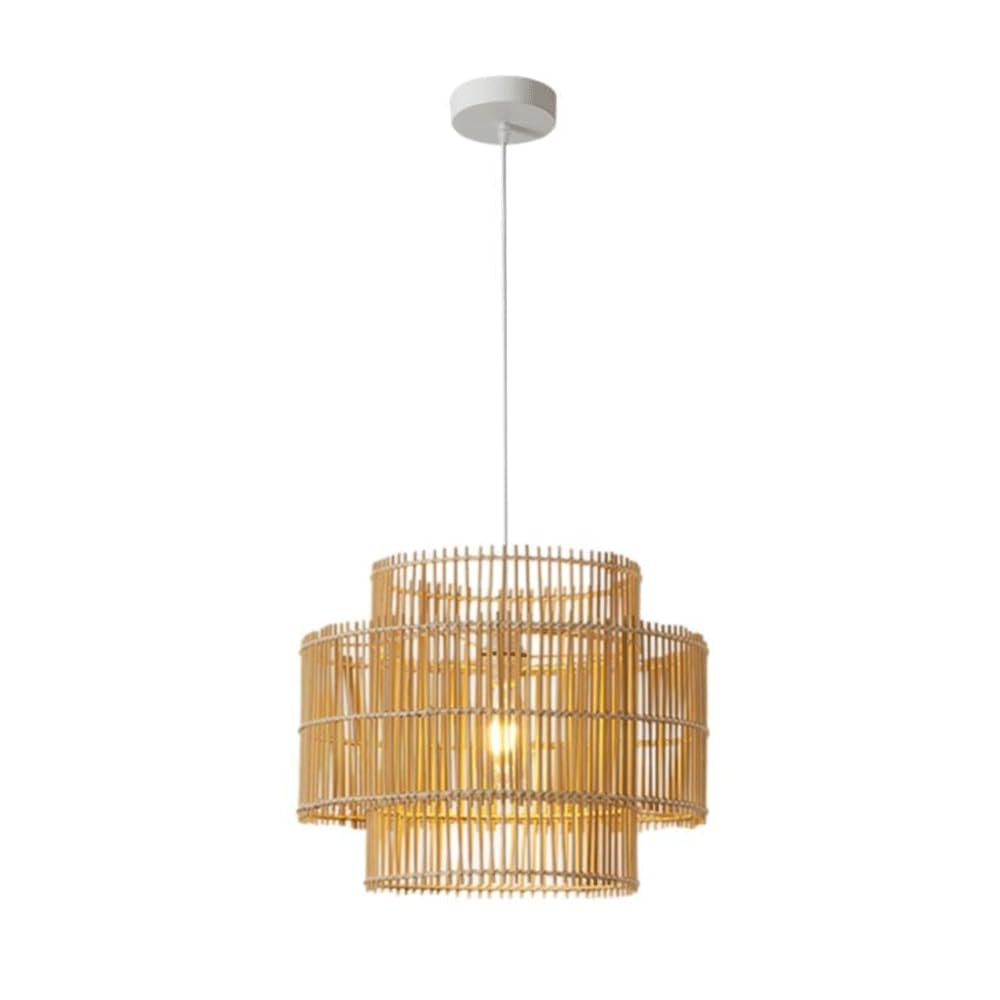 YNAHZAOK 2-Tier Cylinder Natural Rattan Pendant Light Wabi Sabi Wind Hand Woven Hollow Wicker Hanging Lamp E27 Adjustable White Cord Pendant Lighting for Living Room Bedroom Dining Kitchen Hallway