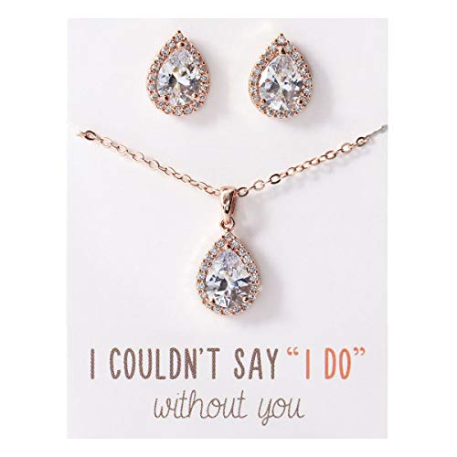 A+O Wedding Jewelry Set, Tear Drop Necklace and Earrings Set in Rose Gold
