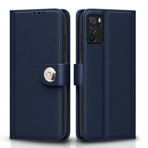 Image of Pikkme Flip Cover Leather Finish | Inside TPU with Card Pockets | Wallet Stand and Shock Proof | Complete Protection Button Flip Case for Oppo A16 (Blue)