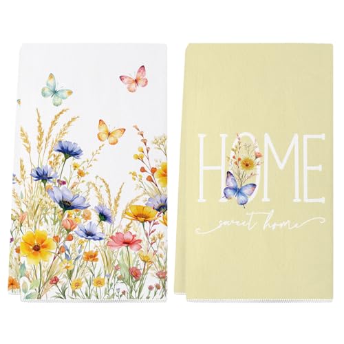 Spring Kitchen Towels Colorful Floral Wild Flowers Butterfly Spring Dish Towels 18x26 Inch Sweet Home Watercolor Seasonal Summer Home Party Decor Drying Dishcloth Kitchen Hand Towels Set of 2