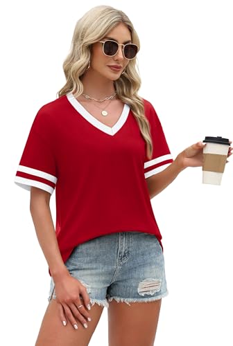 Image of WIHOLL Womens T Shirts Loose Fit Short Sleeve Tees V Neck Color Block Summer Tops 2026 Fashion S-4XL