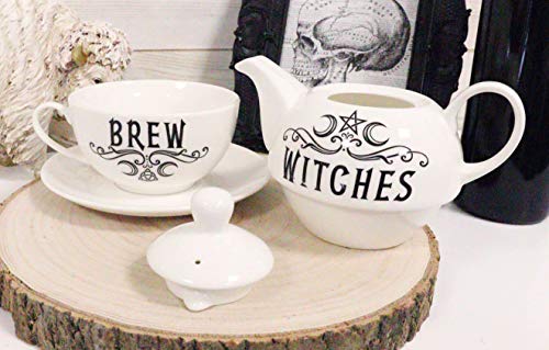 Ebros Wicca Occult Pentagram Crescent Moons Witches Brew Hex Ceramic Porcelain Stacking Tea Pot And Cup With Saucer Plate Set Serves 1 Person Home Decor Accent Teapot Sets #TOP5
