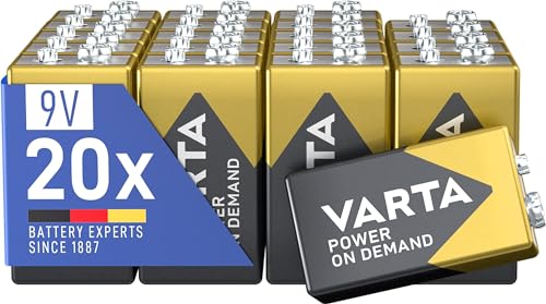 VARTA Piles Bloc 9V, lot de 20, Power on Demand, Alcalines, pack de stockage, intelligentes, flexibles, puissantes, pour détecteurs de fumée, alarmes incendie