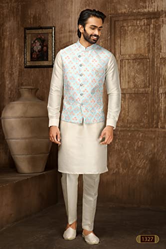Indian Designer Royal Traditional Groom Wedding Outfit Kurta Pyjama With Nehru Jacket Set for Men3