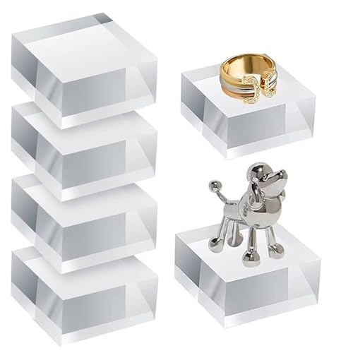 CASTEMYZID 6 Pieces Acrylic Square Display Block 3 x 3 x 1 Inches Clear Polished Cube Jewelry Stand Ring Showcase Holder Base