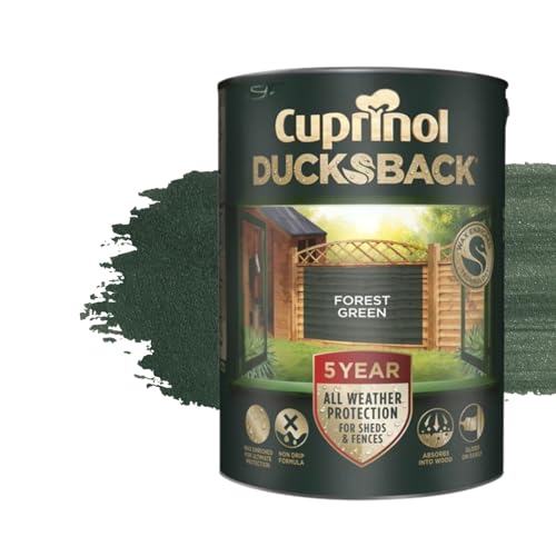 Image of Milena 5L Ducksback Forest Green Waterproof Shed Paint, Wax Enriched Fence Paints 5 Year All Weather Protection, Non Drip, Renovate Garden Furniture Quick Drying (Forest Green, 5 Liters)