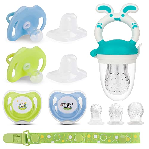 Image of Johee's World Pacifier with lid, Newborn Pacifier, Baby Fruit Feeder Set 4 X Pacifiers (0-6 M), Pacifiers (6-18 M), Silicone Binky and Pacifier Holder Clips for (0-18 M) Boy | 9 Piece Set