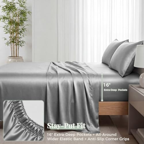 ANSSO Viscose Derived from Bamboo Sheets Queen Size, 400 TC Luxury Silky Bedding Sheets with 16" Deep Pocket,Ultra Breathable Cooling Bed Sheets for Hot Sleepers-4 Piece Set (Grey) - image 6
