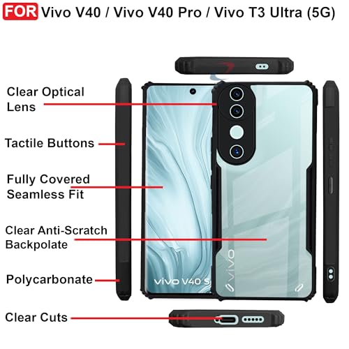 Image of CEDO Backcover for Vivo V40 /Vivo V40 Pro /Vivo T3 Ultra (5G) | Camera Protection Shockproof Bumper-Edge | Acrylic Crystal Clear 360 Degree Protection TPU+PC | Transparent Eagle Back Case Cover (Black)
