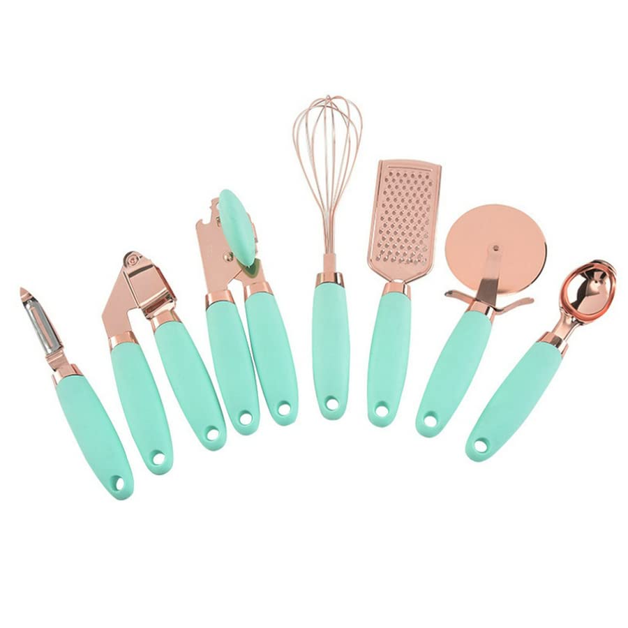 7PCS/Set Kitchen Gadget Set Stainless Steel Utensils Ice Cream Scoop Peeler Garlic Press Cheese Grater Whisk (Green)