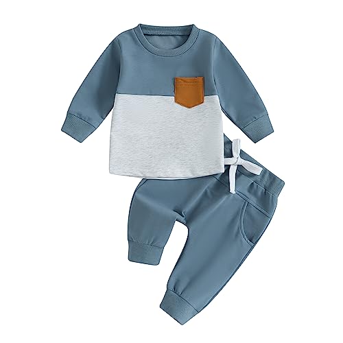 Image of Toddler Baby Boy Fall Winter Outfit Contrast Color Long Sleeve Sweatshirts Stretch Jogger Pants Newborn Clothes Set