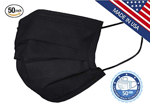 Disposable Face Masks - Made in USA by CHTUS- 50 PCS - 3-Ply Breathable & Comfortable Filter Safety Mask - for Home & Office (Adult Size, Black). California Health Technology.