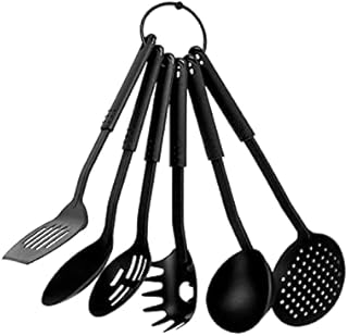 Black Kitchen Cooking Utensils Set 6 Piece Plastic Soft Touch Handles Turner Nonstick Spatula Spoon Heat Resistant Cookware Non-Scratch | BPA Free Plastic | Modern & Vibrant | Space Saving