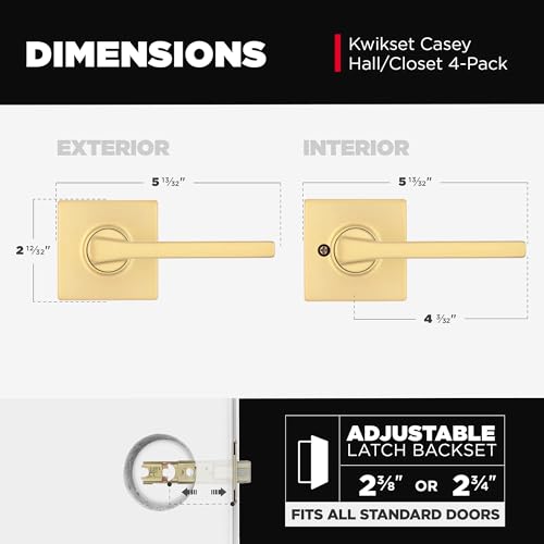 Image of Kwikset Casey Interior Square Passage Door Handle, Lever for Closet and Hallway Doors, Reversible Non-Locking Handle Lever, Satin Brass 4 Pack