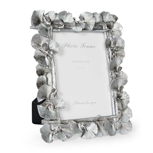 4x6 Silver Picture Frame, Vintage Silver Ornate Leaf Textured Hand-Crafted Resin with Glass Front Antique Photo Frame for Tabletop Display, Retro Design Home Decor