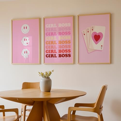 Image of NoWorries Girl Boss Pink Framed Wall Art Set of 3, Pink Red Beige Typography, Smiley & Playing Card Prints with Natural Wood Look Frames for Bedroom, Girls Room, Office, Home Decor (ART-2, 21X31inch)