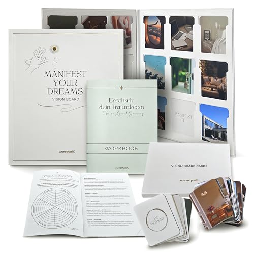 wunschzeit® Vision Board Set 2026 – Manifestiere dein Traumleben | Visionboard mit 200 Bildkarten & Affirmationen | 24-seitiges Workbook für Klarheit, Fokus & Ziele | Geschenkidee für Frauen