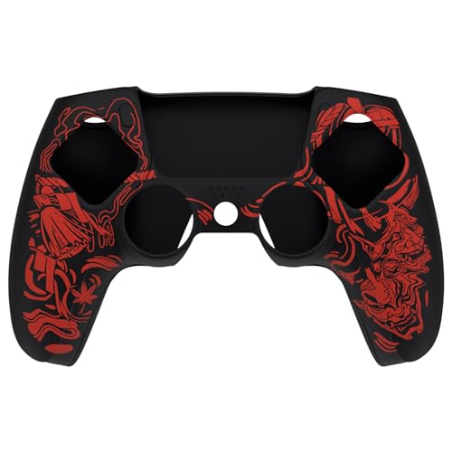 PlayVital Pure Series Dockable Model Anti-Slip Silicone Cover Skin for ps5 Controller, Soft Rubber Grip Case for ps5 Controller Fits with Charging Station with 6 Thumb Grip Caps - Samurai Prajna (Red)