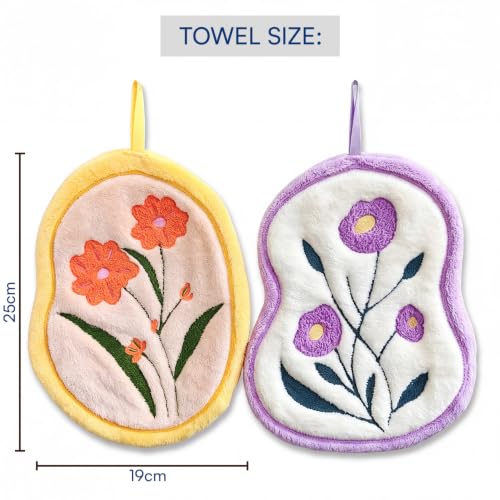 Image of House of Quirk Tulip Flower Shaped Hanging Towels Set of 2 | Soft Coral Fleece Kitchen & Bathroom Towels | Super Absorbent & Quick-Dry Decorative Cloths (Purple /Yellow)