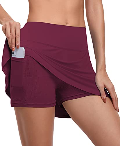CHICHO Women's Athletic Skirt Pleated Tennis Skort with Pockets Casual Golf Workout Running Skorts for Summer Beach Pickleball Matching Wine Red X-Large