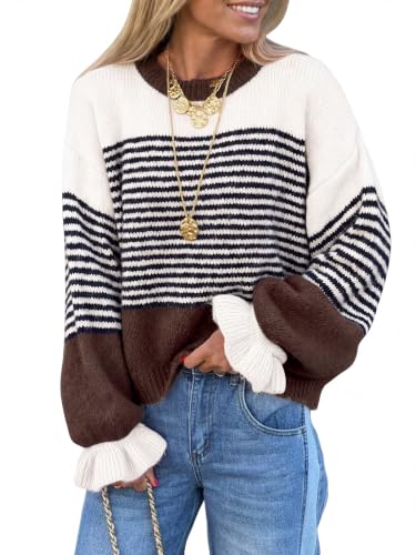 Saodimallsu Womens Color Block Striped Sweaters Ruffle Sleeve knit Pullover