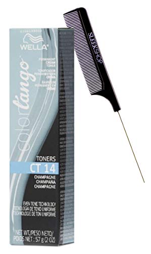 Wella Color Tango Permanent Cream Toner (w/Sleek Steel Pin Rat Tail Comb) Haircolor Toning Creme Hair Color Dye w/Even Tone Technology to Lift & Tone (CT 14 - CHAMPAGNE - CT14)