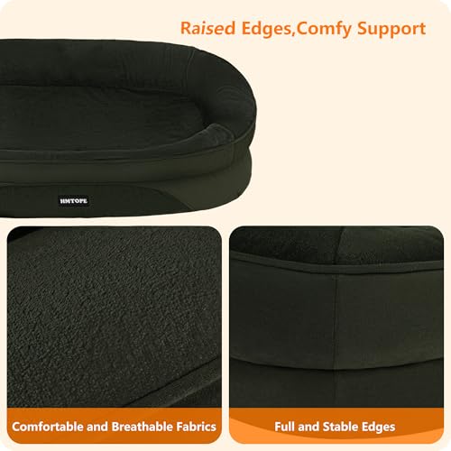 HMTOPE Orthopädisches Hundebett, Hundesofa, Vierseitiges Nackenrolle Kissen, rutschfeste Unterseite Hundekorb, Abnehmbar und Waschbar, Kleine Hunde, Mittelgroße Hunde, 90 x 71 x 15 cm, Olivgrün