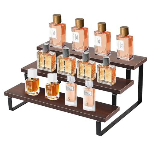 Organizador Perfumes, Expositor de Madera de 3 Niveles con Soporte Metálico, Estanteria Perfumes, Organizador Colonia para Hombres, 35.6CM Estante para Figura Postres Cosméticos (Color nogal)