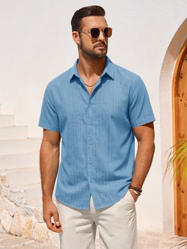 Runcati Mens Linen Button Down Shirts Short Sleeve Textured Casual Shirt Summer Beach Vacation Wedding Tops - Image 6