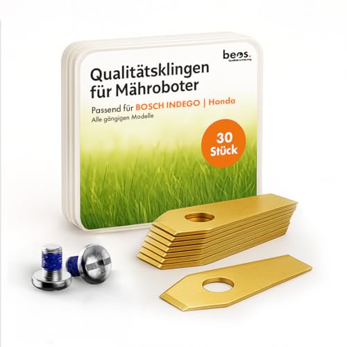 BEOS® 30 Cuchillas de Repuesto Premium de Titanio Bosch Indego + Tornillos con Seguridad - Cuchillas de Repuesto para Robot cortacésped Bosch Indego – Cuchillas de 1 mm de Espesor