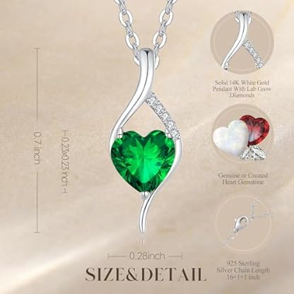 FANCIME 14K Solid White Gold Birthstone Necklace Genuine or Created 6mm Heart Gemstone Pendant with Lab Grow Diamonds Sterling Silver Chain Fine Jewelry Anniversary Birthday Gifts for Women 16" + 2" - Image 5