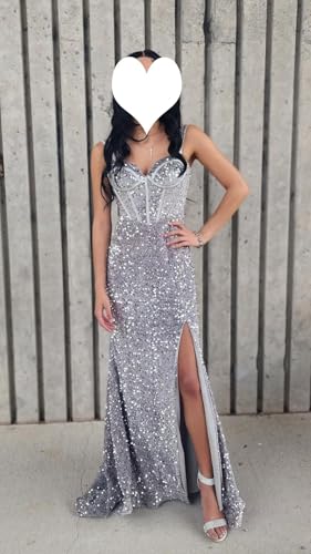 Sevintage Women’s Sequin Prom Dress Long Sparkly Mermaid Corset Formal Evening Party Gown Slit Train3