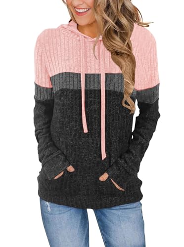 DUOEASE Top Mujer con Capucha Casual Elegantes Sudaderas Mujer con Bolsillo Manga Larga Otono Invierno Sudadera（Rosa-Gris XL）