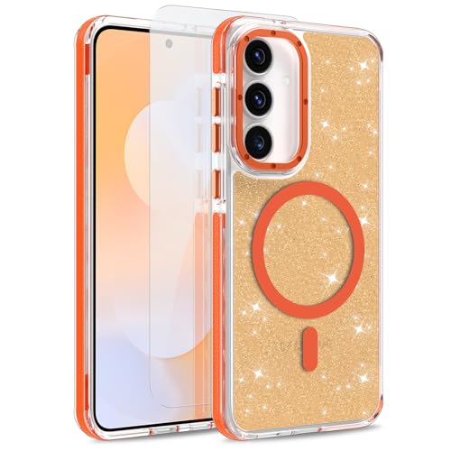 Image of Magnetic Case for Samsung Galaxy S25 FE 5G [Compatible with Magsafe] [Bling Glitter Fluorescent Design] [1 Screen Protector] Slim Translucent Matte Case for Galaxy S25 FE 5G 6.7 inch, Orange