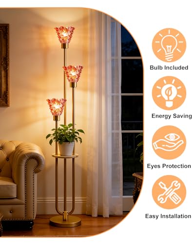Image of 3-Light Modern Glass Floor Lamp with Shelf, Gold Tall Standing Lamp with Deep Red Flower Glass Shade, LED Floor Lamp with Foot Switch& 5Lbs Heavy Base for Living Room Bedroom, Bulb Included