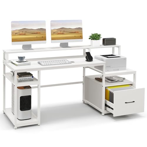 COSTWAY 168CM Home Office Computer Desk, Wooden Study Table Writing Workstation with Monitor Stand, Printer Cabinet, CPU Stand & File Drawer, Modern PC Laptop Table Gaming Desk