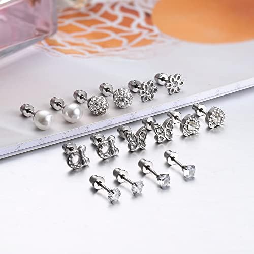 MILACOLATO 8Pairs Stud Earrings Set for Women Girls 316L Stainless Steel Cartilage Tragus Helix Toddler Earrings Cubic Zirconia Heart Mouse Butterfly Screw Back Stud Earrings for Kids Baby Children