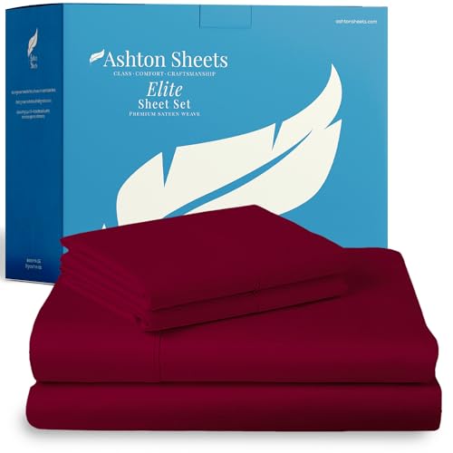 Ashton Sheets 100% Egyptian Cotton Sheets King Size - 800 Series Elite Collection Egyptian Cotton Bed Sheet Set (4 PC, Burgundy), Soft, Cooling, 16" Deep Pocket Sateen Weave Luxury Hotel Bedsheet