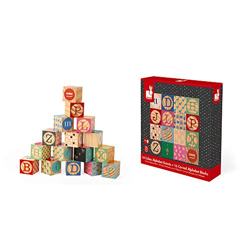 Image of Janod Kubix 16 Wooden Alphabet and Numbers Blocks - Ages 2+ - J08078