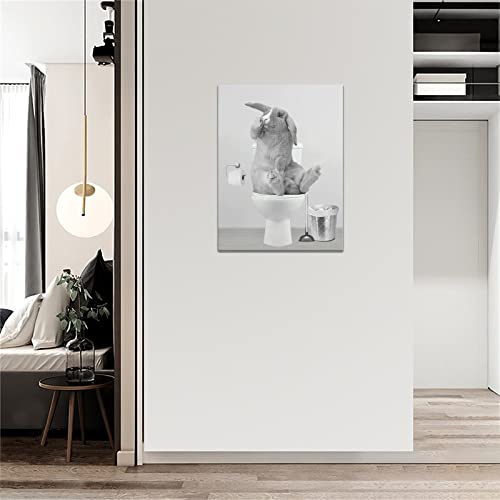 Bathroom Rabbit Wall Art Black And White Funny Rabbit Pictures Wall Decor Cute Bunny In Toilet Canvas Prints Framed Modern Painting Artwork For Bath Lavatory Washroom Restroom Living Room 12"X16" #TOP3