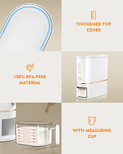 Vendotbi 26.5Lbs Rice Dispenser, Rice Container With Measuring Cup, Large Capacity Food Storage Container With Lid, Food Dispenser Kitchen Organization For Home Kitchen Pantry Rice Soybean Corn-White #TOP1