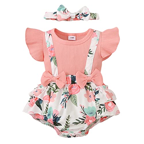 Image of Newborn Baby Girl Outfit Infant Girl Floral Ruffle Suspender Romper with Headband Newborn Girls Summer Clothes Sets