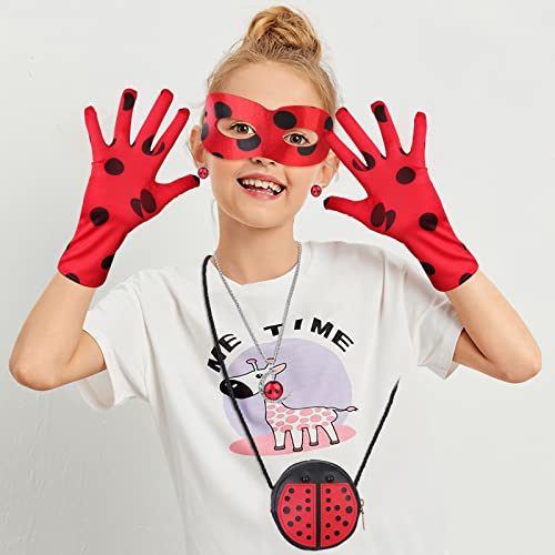 HIFOT Ladybug Kostüm Zubehör Set, Lady Bug Maske Handschuhe Tasche Haarbänder Halskette Ohrring Rollenspiel , Rot Schwarz Verkleidung Mädchen Halloween Karneval Kinder