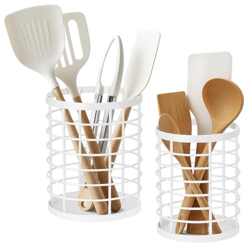 Image of Lonian Utensil Holder Set of 2 (Large & Medium), White Metal Cooking Utensil Organizer Caddy, Countertop Holder with Draining Bottom Net for Kitchen Cookware, Cutlery, and Coffee Pods