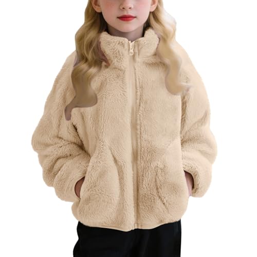 Image of Girls Fleece Jacket Kids Zip Up Stand Collar Solid Sherpa Coat With Pockets Fall Winter Soft Warm Fuzzy Plush Outwear Khaki 7-8 Years