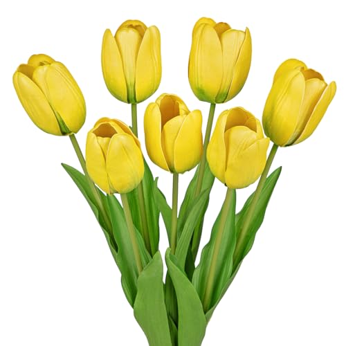Arborus Artificial Tulips Flowers – 24" Long Stem Faux Tulips, 7PCS Real Touch Fake Yellow Tulip for Vase, Farmhouse, Kitchen, Spring & Wedding Home Decor