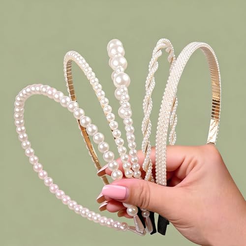 Wuhetyo Pearl Headbands for Women, Non Slip White Pearl Hairbands for Wedding Party Bridal Headband, Fashion Pearls Hair Accessories for Girls 5 Pcs