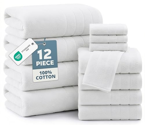 Casa Platino 100% Cotton Luxury Bathroom Towel Set - 12 Pcs - Super Soft, Fluffy & Highly Absorbent - 4 Large Bath Towels, 4 Washcloths, 4 Hand Towels - Complete Family Pack - White Bath Towel Set